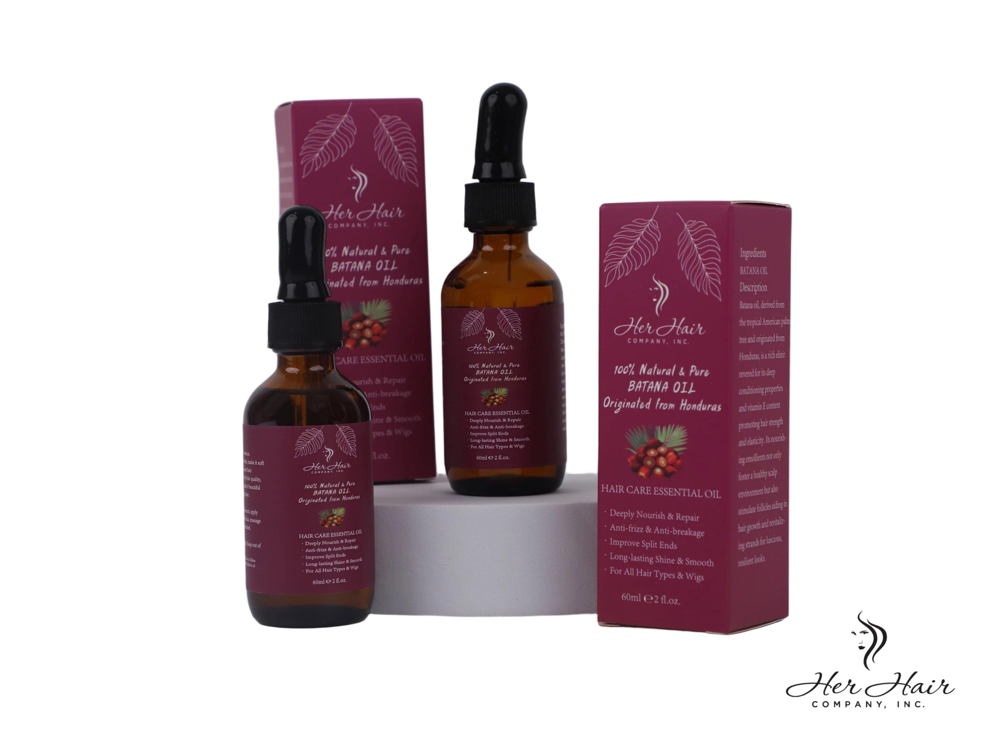 Honduran Batana Oil bottle from Her Hair Company, 100% natural and authentic, with a dark glass container and label.