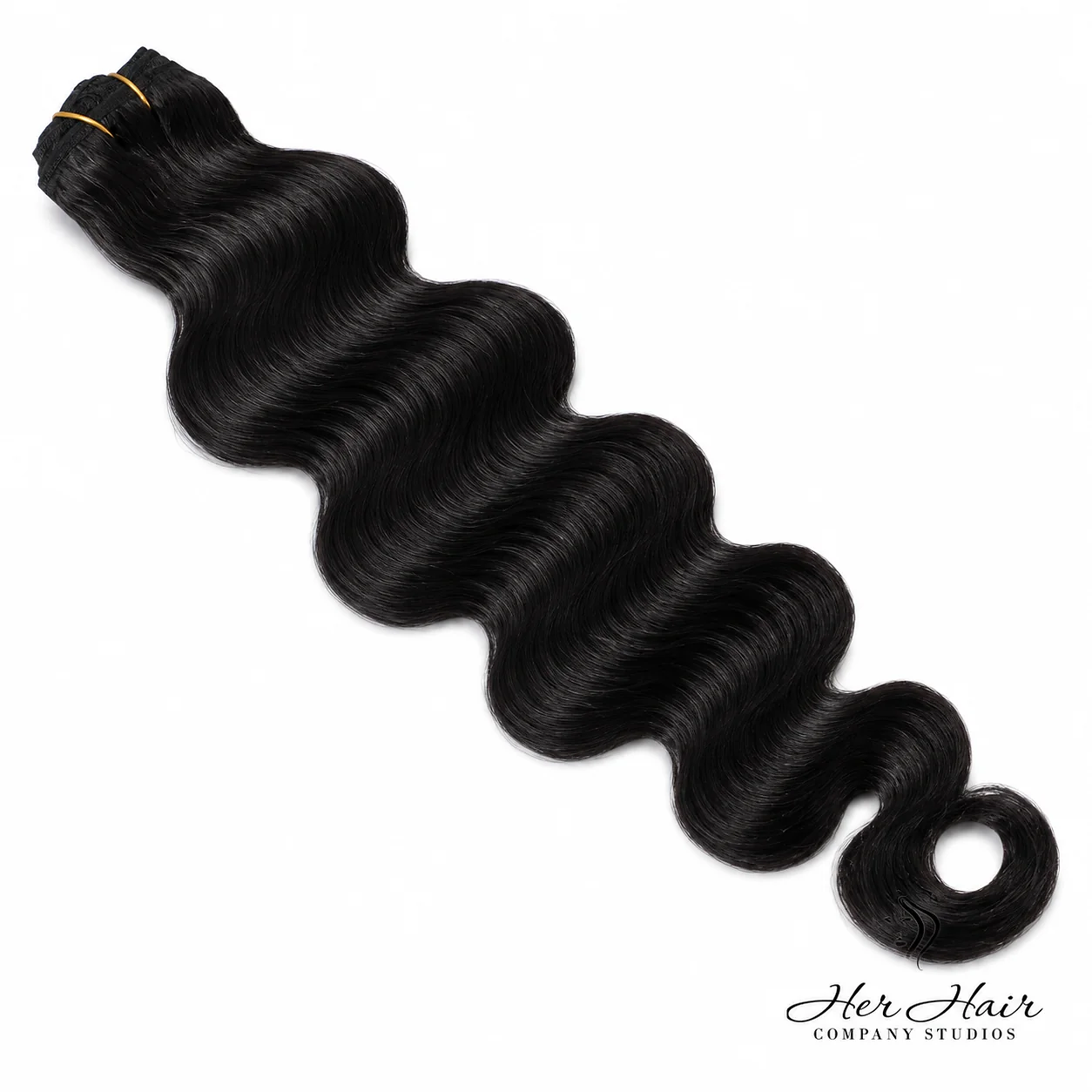 Body wave Brazilian clip-in hair extensions in a standard bundle, featuring natural dark brown color and smooth, shiny texture.