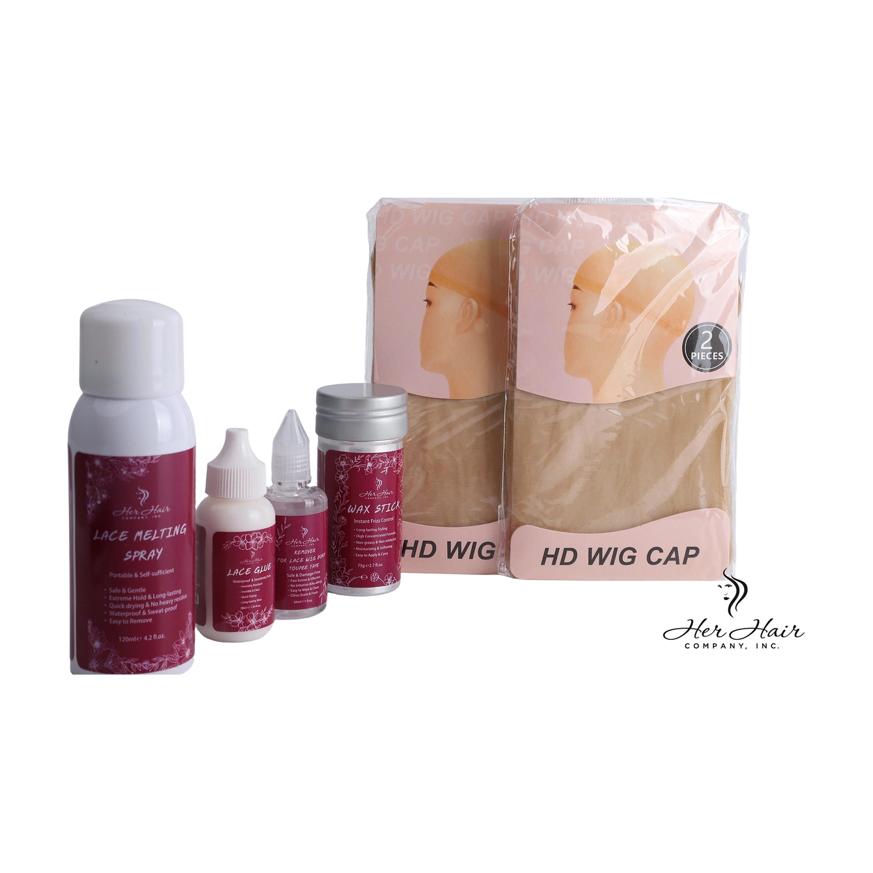 Her Hair Company complete wig installation kit with essential tools for hair weaving and styling.
