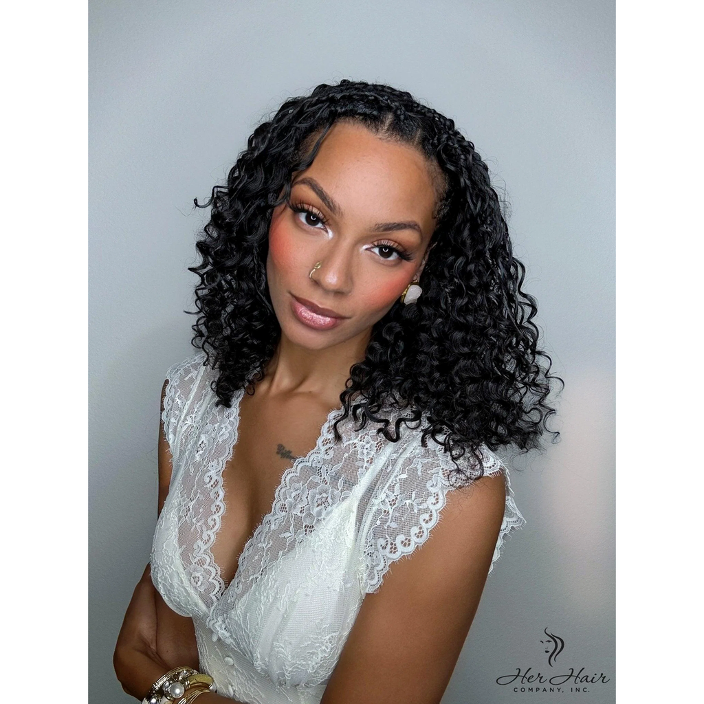 Deep curly bulk hair from Her Hair Company, shoulder-length standard bundle with rich, voluminous curls for natural style.