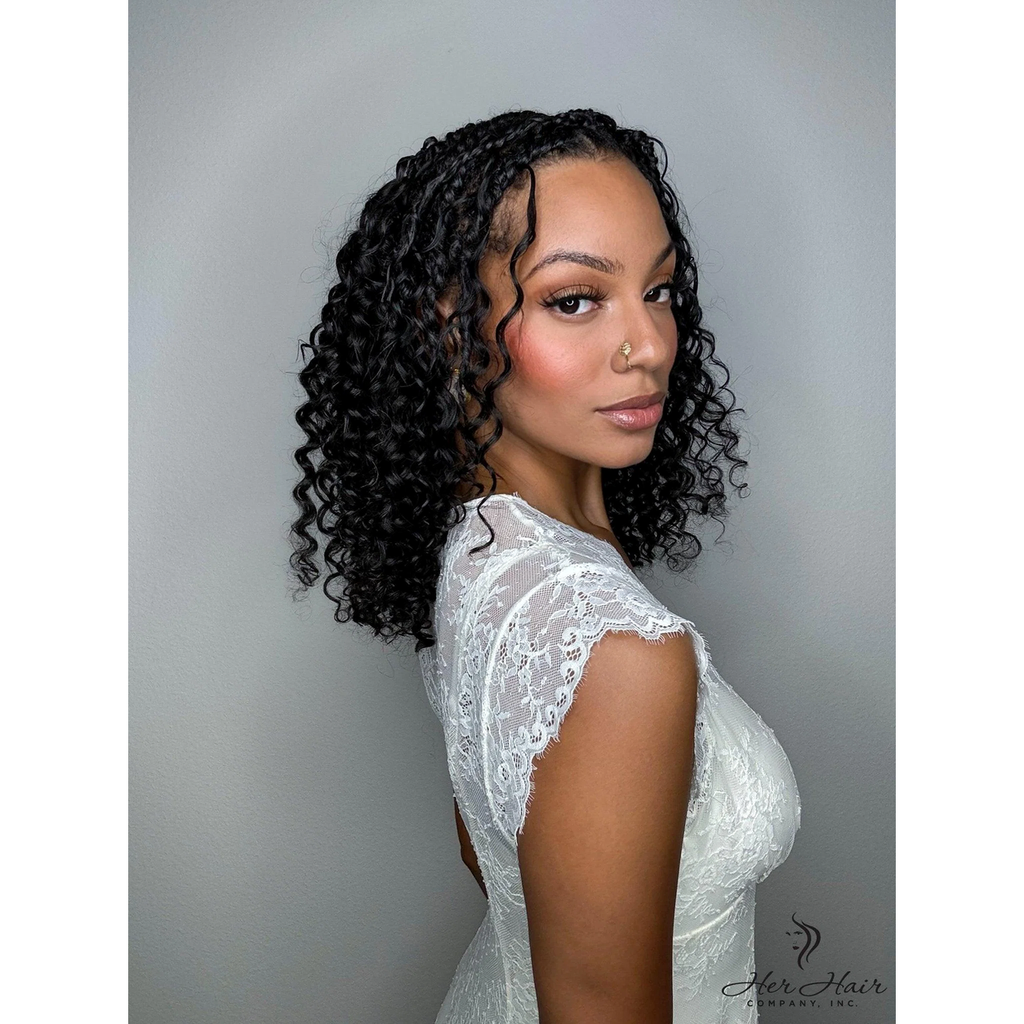 Deep curly bulk hair bundle from Her Hair Company, shoulder-length, natural-looking textured curly style for versatile styling.