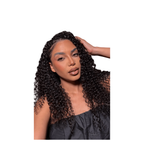 Deep curly crochet hair bundle by Her Hair Company, showing thick, textured deep curly style held by a model's hand.