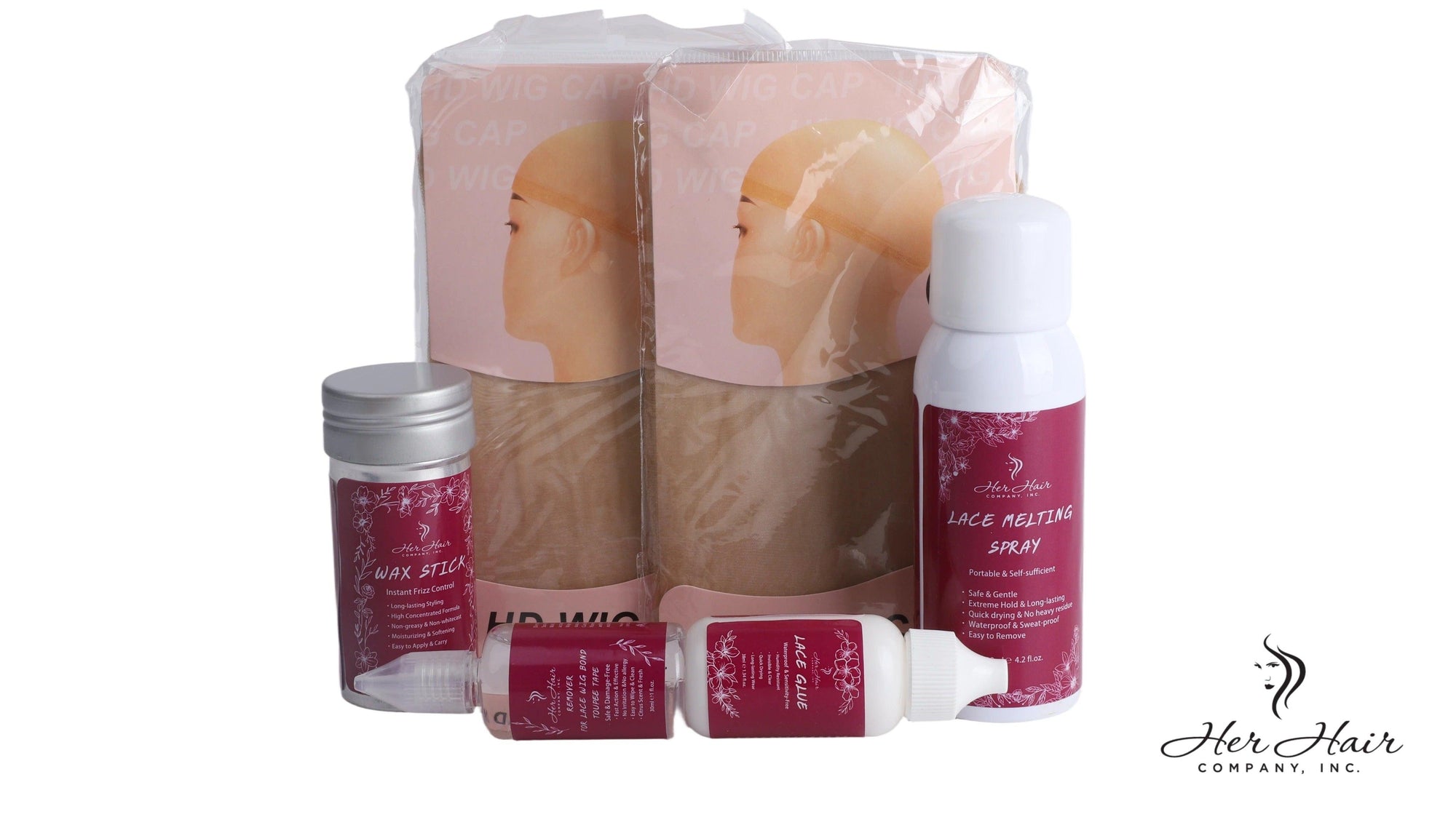 Her Hair Company hair installation kit with clips, combs, and tools for seamless hair extension application.