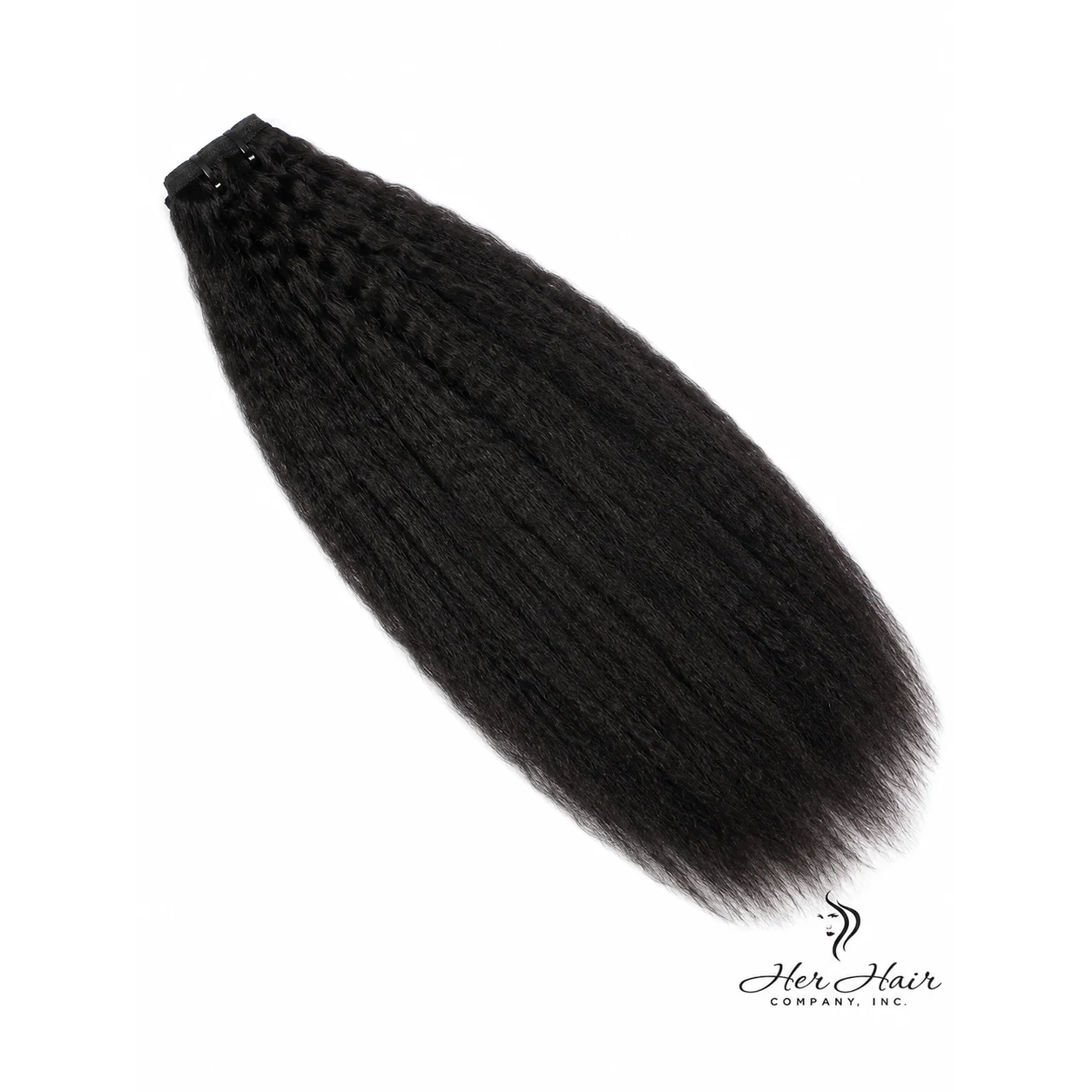 Brazilian Clip Ins Premium Hair Extensions in kinky straight, standard bundle, showing a single piece of natural dark hair.