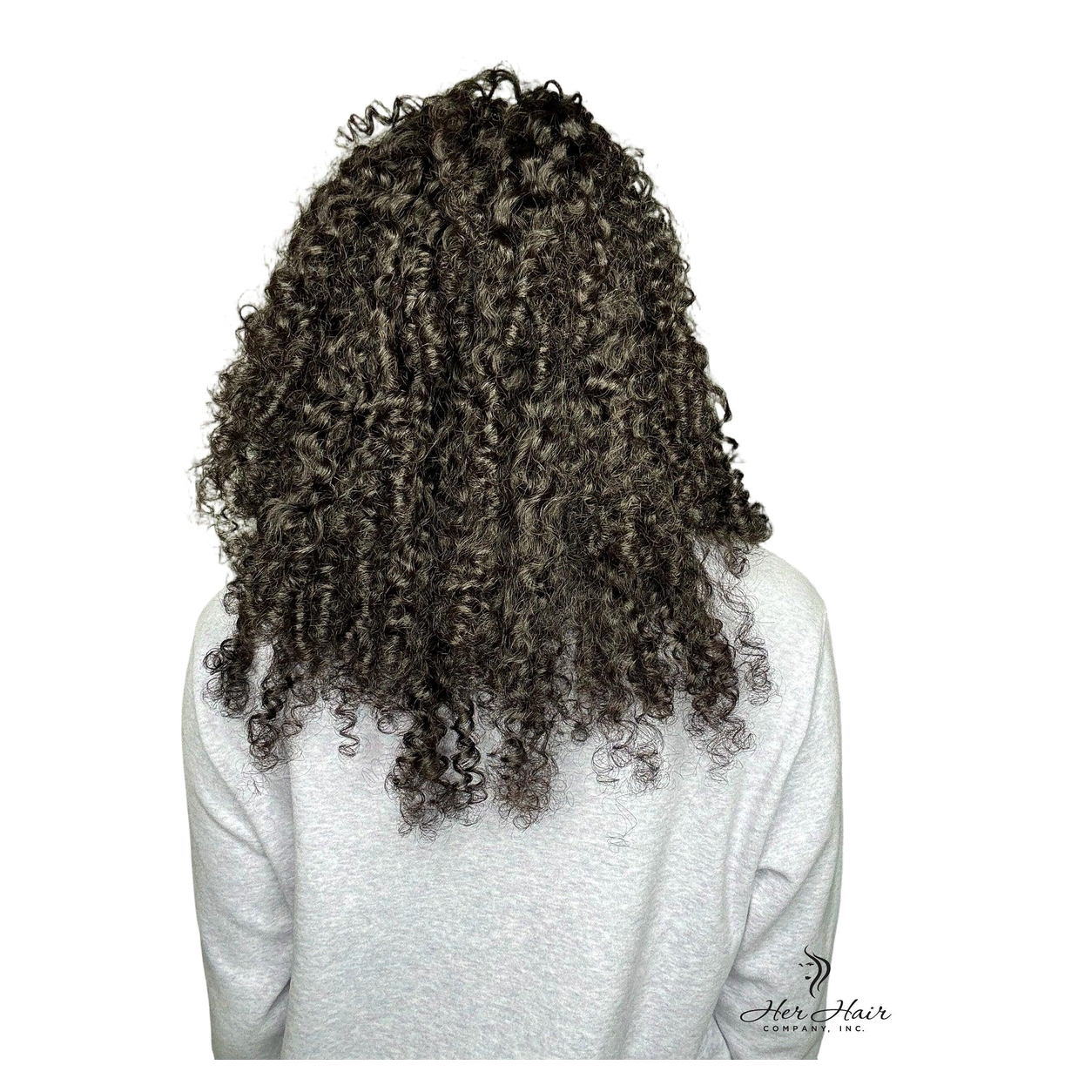 Her Hair Company Burmese Spiral Crochet Hair bundle in gray, showing tightly twisted spiral curls for natural protective style.