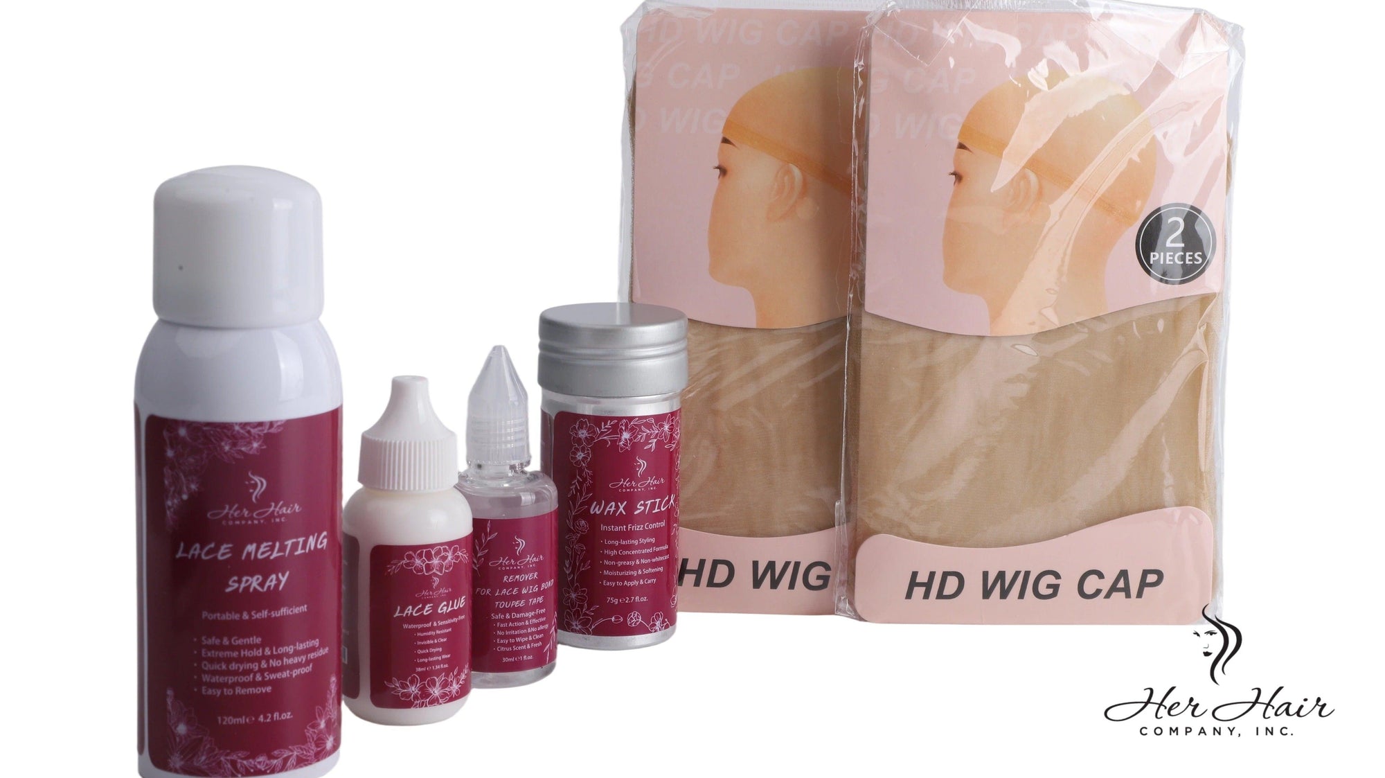 Her Hair Company hair installation kit with tools and accessories for professional hair weave and extension application.