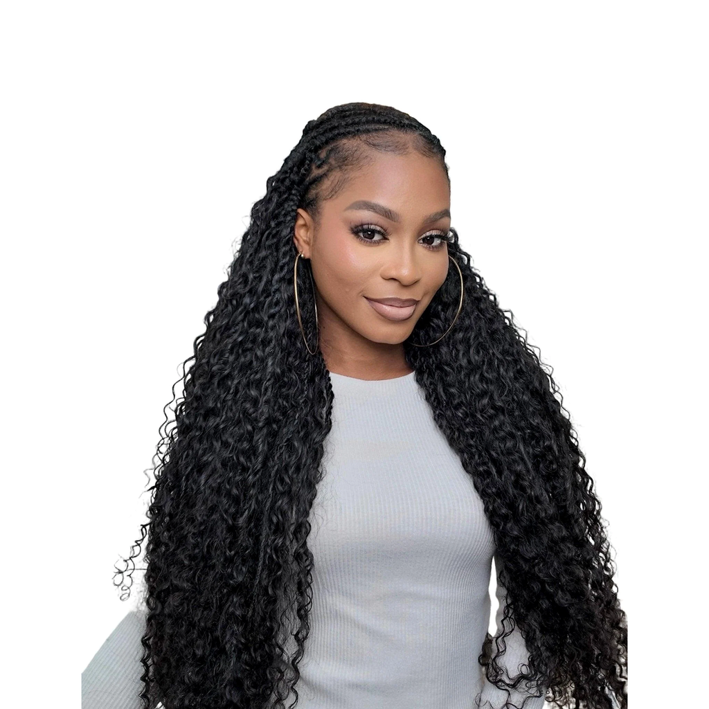 Deep curly bulk hair from Her Hair Company in a long braided style, showing the textured, voluminous curls at the front.