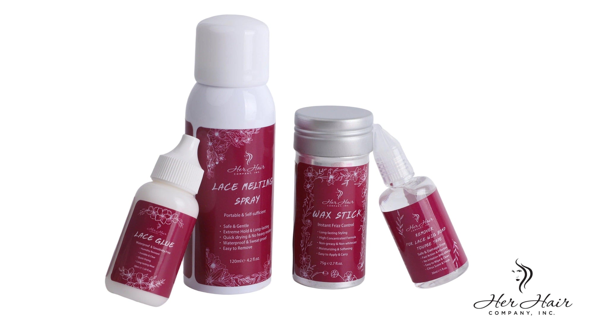 Her Hair Company hair installation kit with tools, adhesives, and accessories for professional wig and hair extension application.