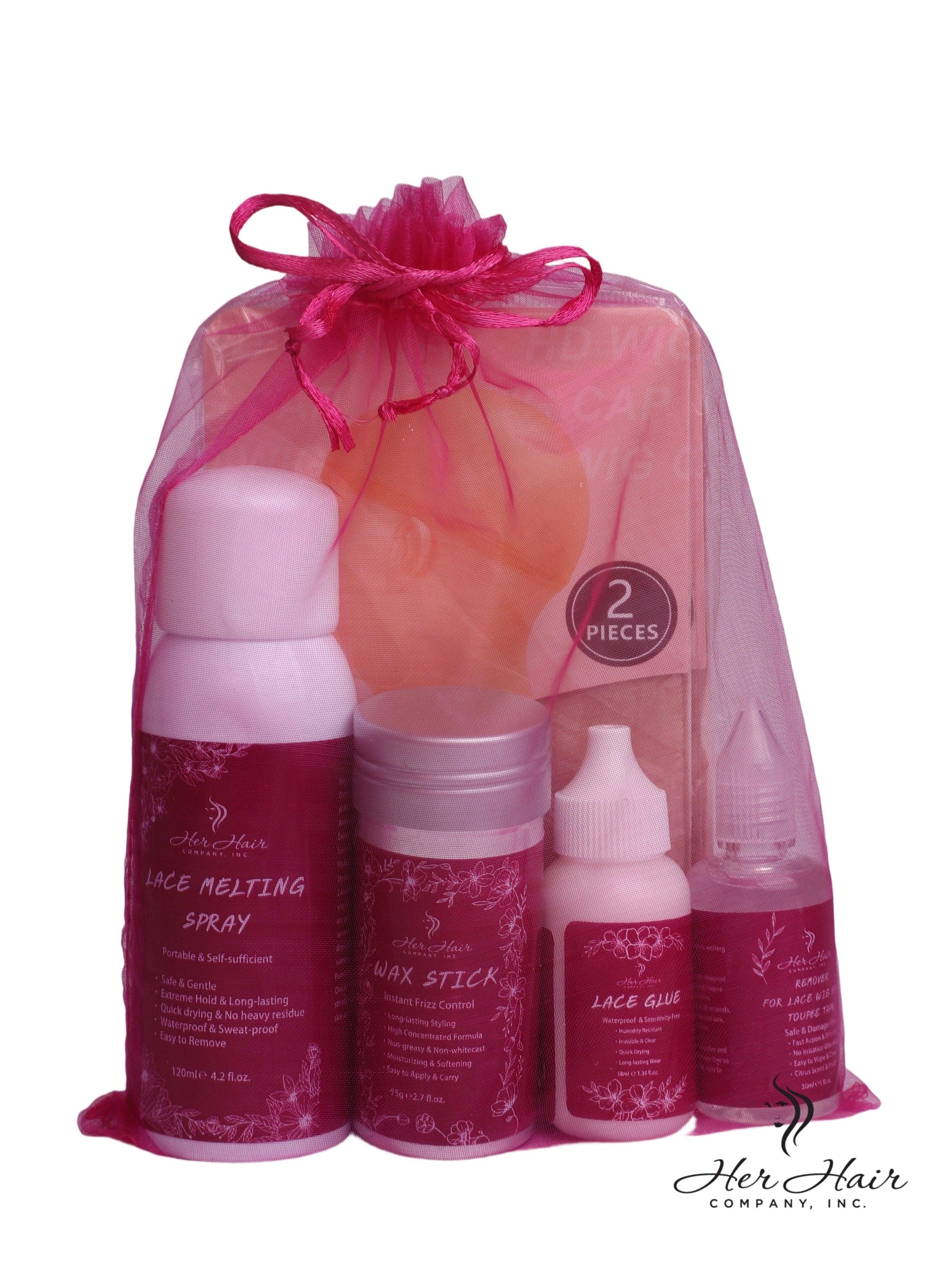 Her Hair Company hair installation kit with lace wig cap, clips, and styling tools for easy hair installation and maintenance.