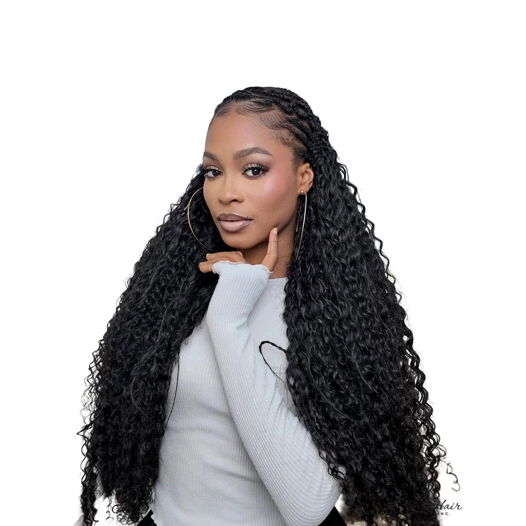 Deep curly bulk hair from Her Hair Company in a long braided style, shown hand-chin length.