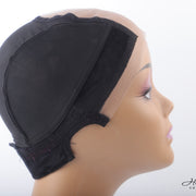 Her Hair Company wig grip cap shown in beige with adjustable straps and breathable material for secure wig fitting.