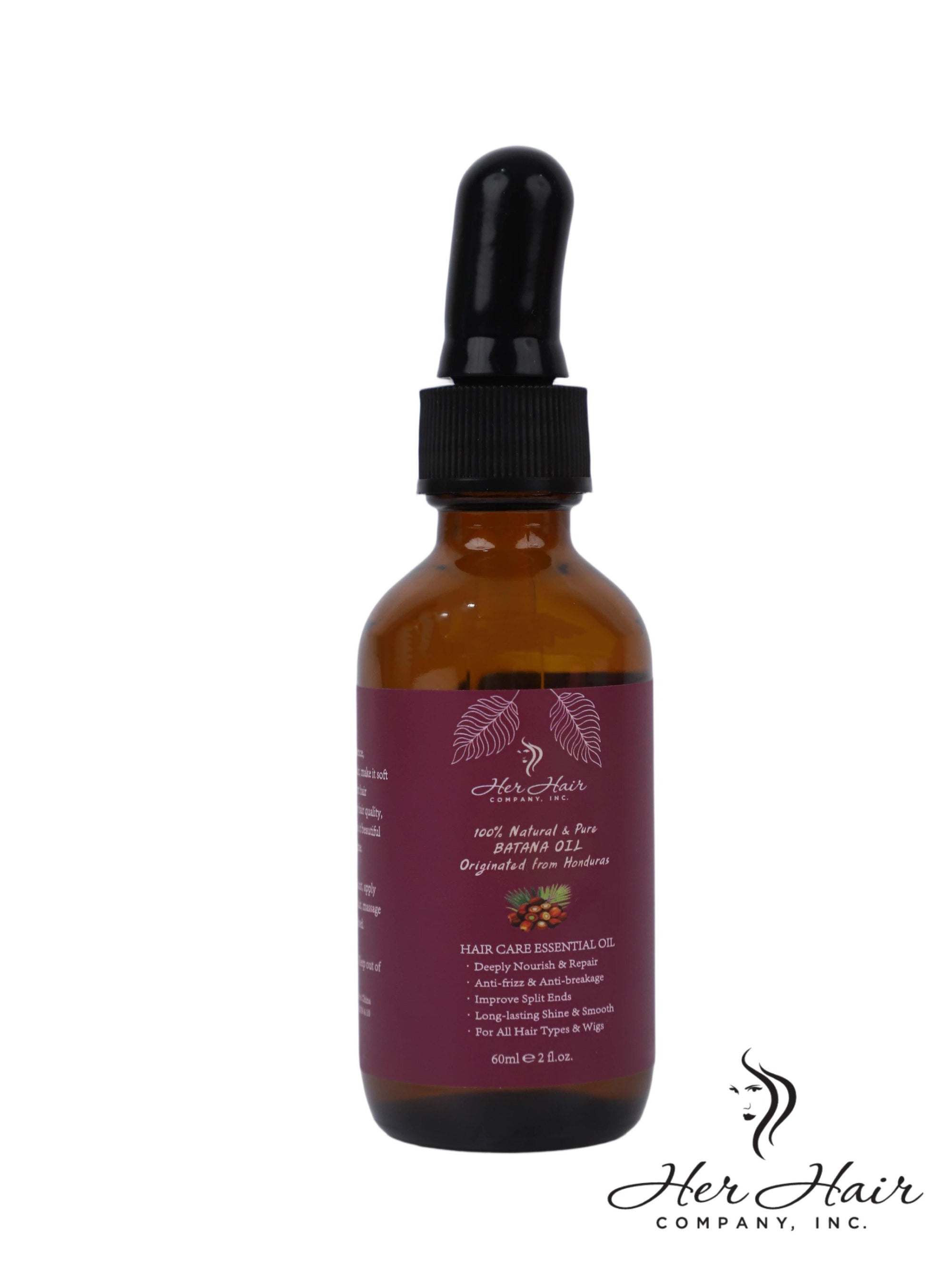 Honduran Batana Oil bottle from Her Hair Company, 100% natural and authentic, with a clear label and dark glass container.