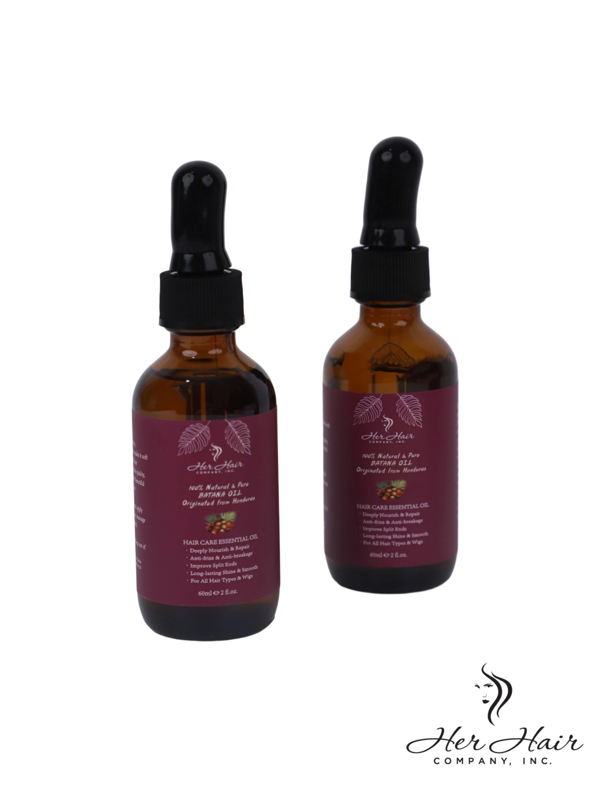 Honduran Batana Oil bottle from Her Hair Company, 100% natural and authentic, with a clear label and natural oil appearance.
