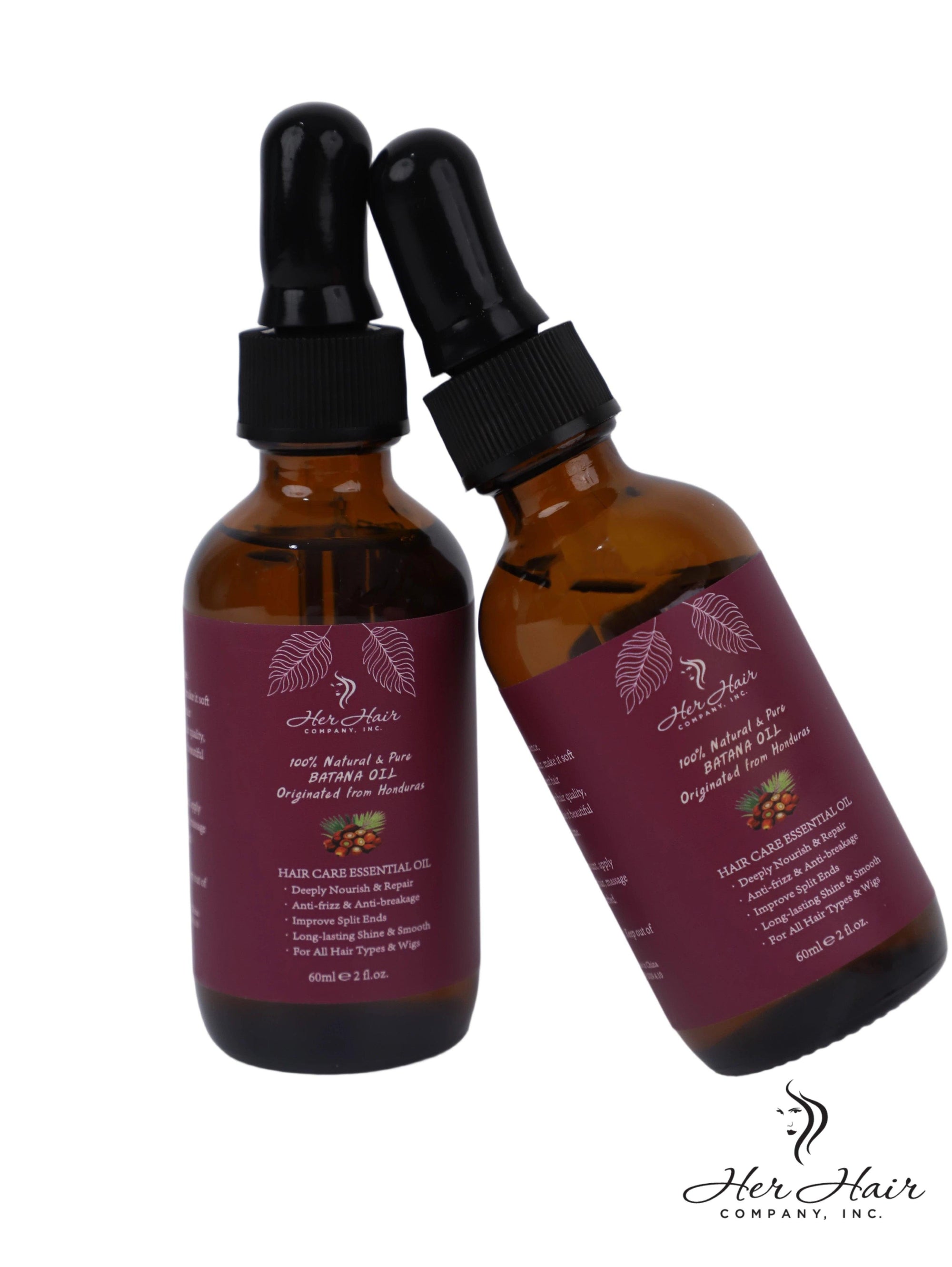 Honduran Batana Oil from Her Hair Company, natural and authentic, shown in a clear bottle with a wooden cap.