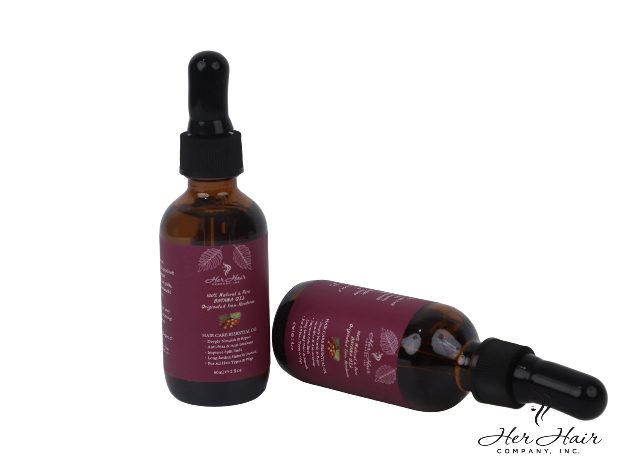 Honduran Batana Oil bottle from Her Hair Company, 100% natural and authentic, with a clear label and dark glass container.