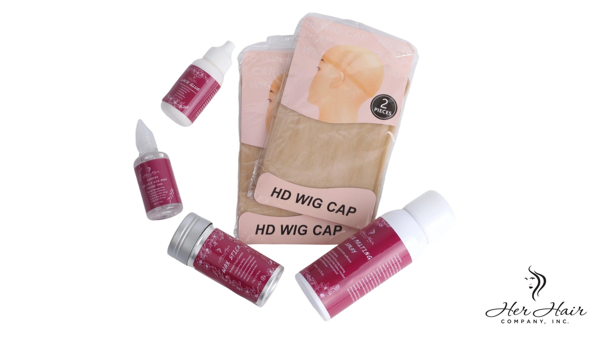 Her Hair Company hair installation kit with lace front wig, hair tools, and accessories for professional styling and installation.