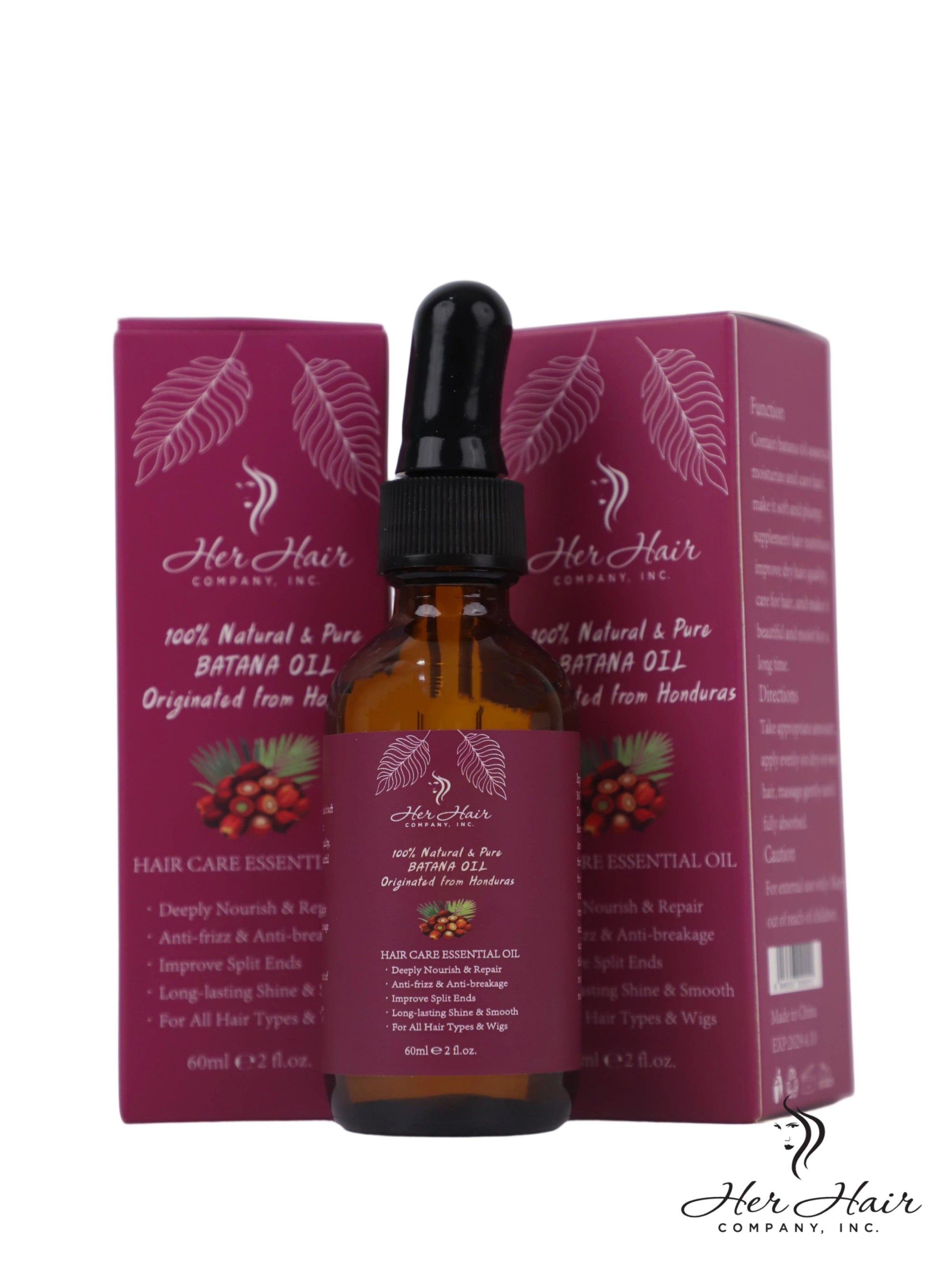 Bottle of Her Hair Company Honduran Batana Oil, 100% natural and authentic, with a clear label and dark glass packaging.