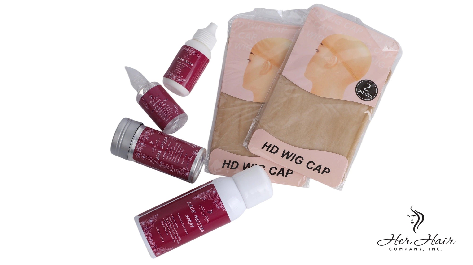 Her Hair Company hair installation kit with tools and accessories for installing and styling hair extensions.