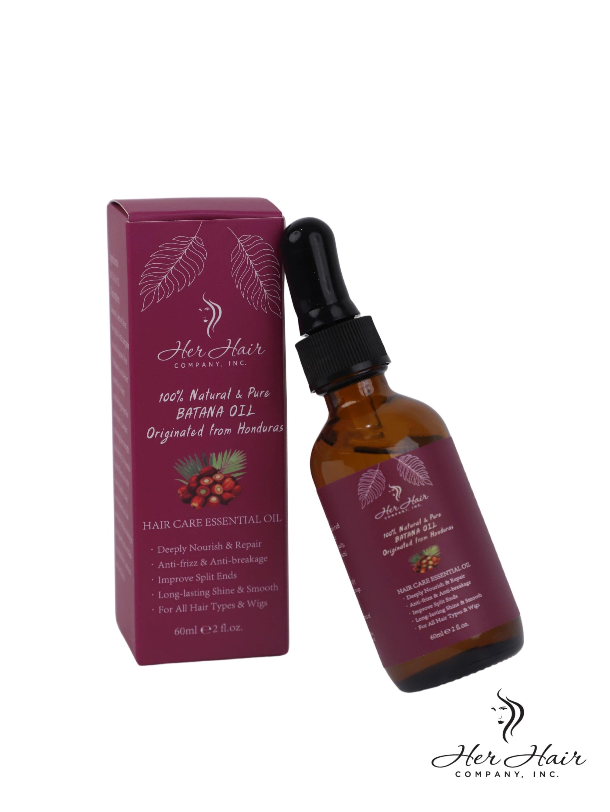 Honduran Batana Oil bottle from Her Hair Company, 100% natural and authentic, with a dark amber liquid inside.