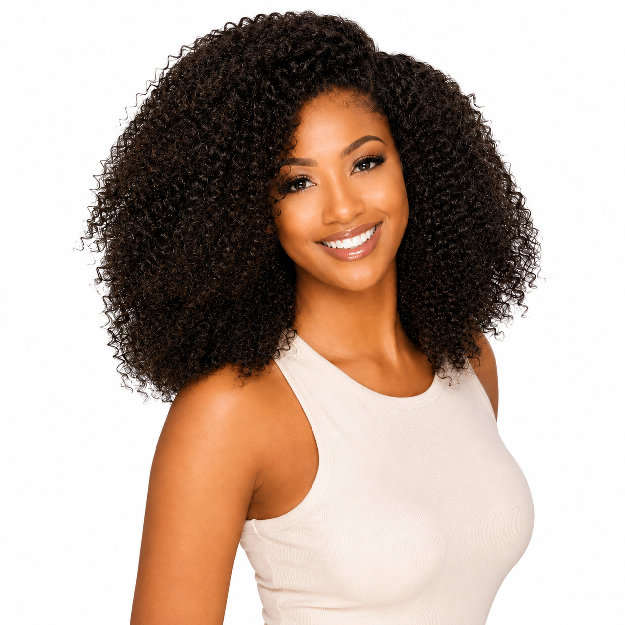 Brazilian kinky curly hair extensions from Her Hair Company, showing three bundles of textured curly hair for a full, natural look.