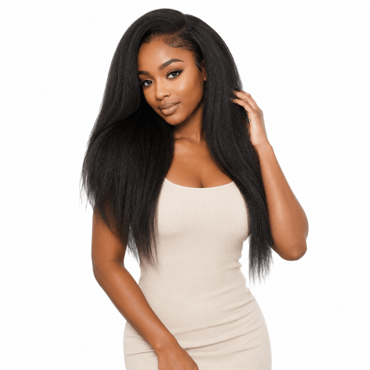 Brazilian kinky straight hair 3 bundle deal with standard frontal closure by Her Hair Company, showing bundles and closure laid out.