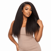 Brazilian kinky straight hair bundles by Her Hair Company, four-piece standard bundle set with natural straight texture.