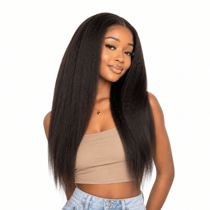 Brazilian kinky straight hair bundle from Her Hair Company, showing thick, natural-looking straight hair with a smooth texture.