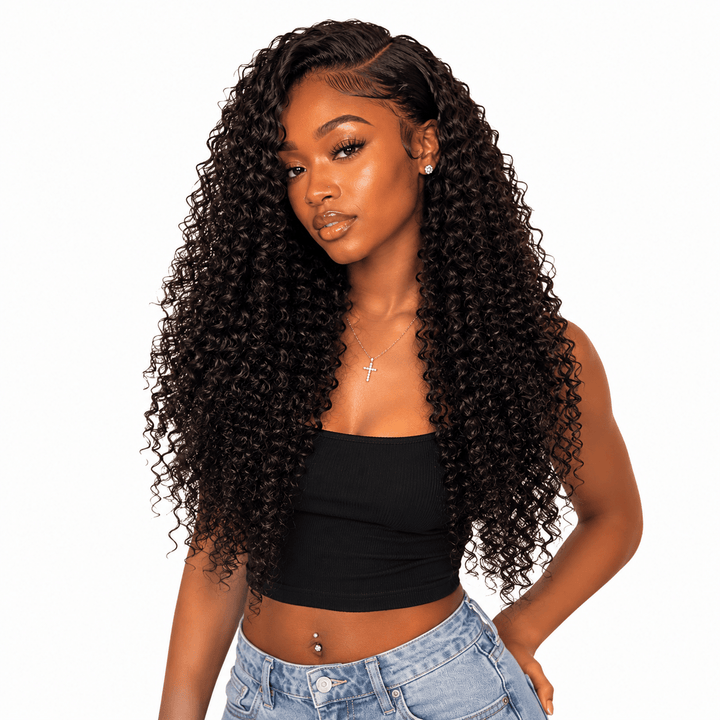 Burmese raw curly hair bundles from Her Hair Company, four standard bundles displayed with natural curly texture and dark brown color.
