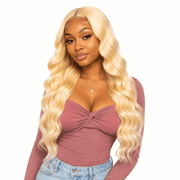 Three bundles of Brazilian 613# hair in a standard bundle deal, showcasing light blonde, straight hair extensions.