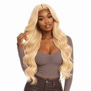Four bundles of Brazilian 613# hair in a standard bundle deal, showcasing straight, blonde hair extensions.