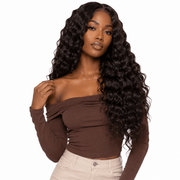 Three bundles of Burmese raw loose deep wave hair from Her Hair Company, showing the natural curly texture and full bundle presentation.