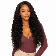 Three bundles of Brazilian Deep Wave hair from Her Hair Company, showing the rich, wavy texture of the hair bundles.