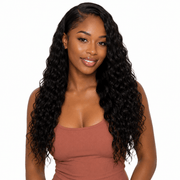 Brazilian deep wave hair bundle by Her Hair Company, showing long, wavy hair with a natural deep wave pattern.