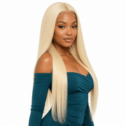 Three bundles of Eurasian 613# hair from vendor-unknown, showcasing straight, blonde hair extensions bundled together.