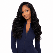 Four bundles of Burmese raw loose deep wave hair from Her Hair Company, displayed in clear packaging with natural wave texture.