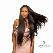 Brazilian straight hair bundles from Her Hair Company, showing three full-length hair bundles in natural straight style.