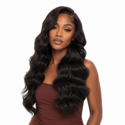 Four bundles of Burmese raw body wave hair from Her Hair Company, showcasing natural, soft, and curled hair extensions.