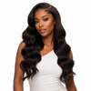 Her Hair Company Brazilian Body Wave 13X4 HD lace frontal with natural hair texture and transparent lace detail.