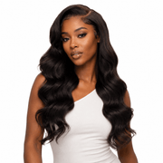 Her Hair Company Brazilian Body Wave 13X4 HD lace frontal with natural hair texture and transparent lace detail.