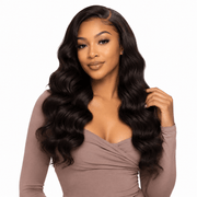 Brazilian body wave hair bundle showing soft, wavy black hair with natural shine, ideal for full hair extensions.