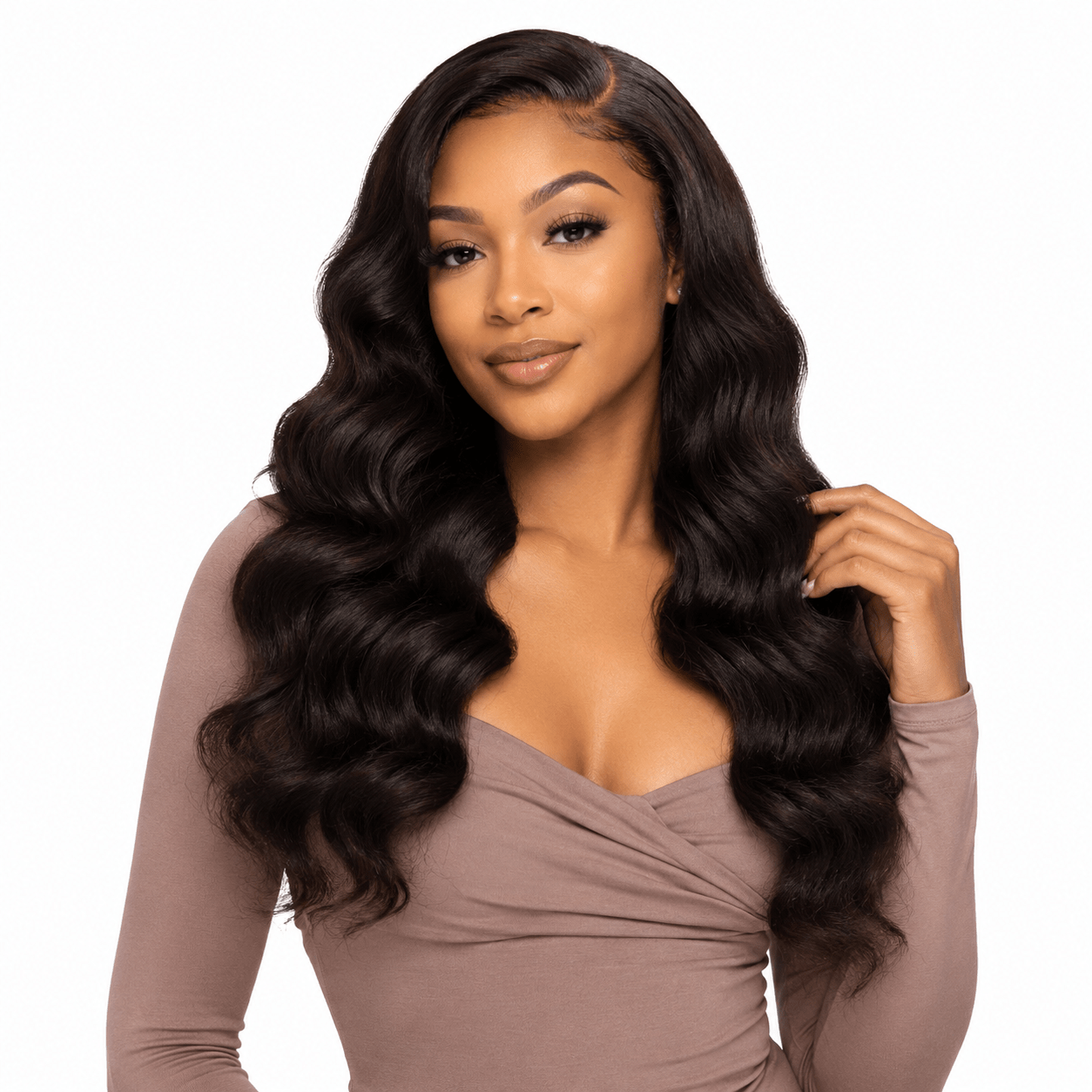 Brazilian body wave hair bundle showing soft, wavy black hair with natural shine, ideal for full hair extensions.