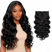 Brazilian clip-in hair extensions in a standard bundle, featuring natural dark brown hair with clips for easy attachment.