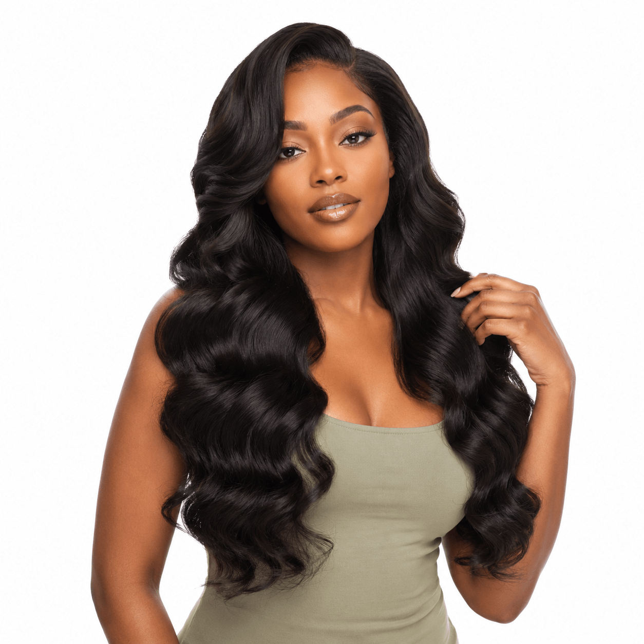 Four bundles of Brazilian Body Wave hair from Her Hair Company, showing smooth, wavy hair extensions.
