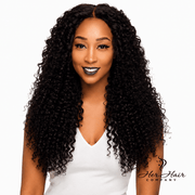 Three bundles of Brazilian deep curly hair from Her Hair Company, showing full, lush curly hair bundles on a plain background.