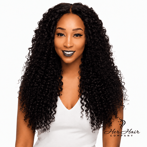 Three bundles of Brazilian deep curly hair from Her Hair Company, showing full, lush curly hair bundles on a plain background.
