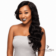 Three bundles of Brazilian Body Wave hair in a standard bundle deal, featuring smooth, natural wave pattern in dark brown color.