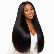 Brazilian straight hair bundles from Her Hair Company, four-pack standard bundle with smooth, shiny straight hair extensions.