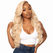 Platinum Eurasian 613# hair bundle, standard bundle, with straight, platinum blonde hair strands laid out neatly.