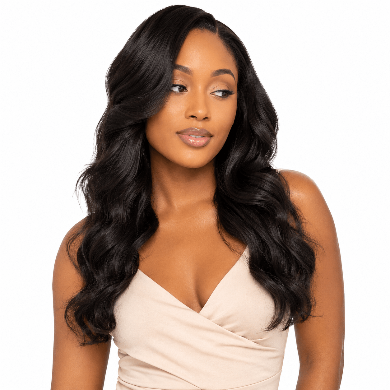 Brazilian wavy hair bundle from Her Hair Company showing soft, full, natural waves in a standard hair bundle.