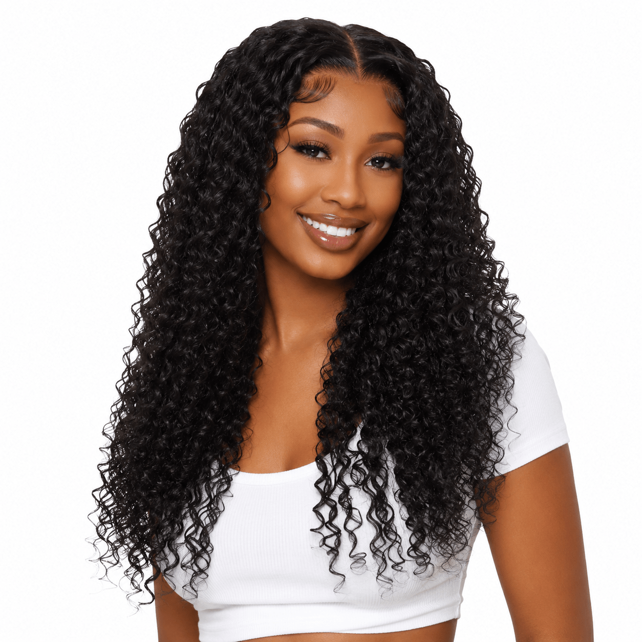 Brazilian deep curly hair bundle from Her Hair Company, showcasing thick, natural deep curls in a standard hair bundle.